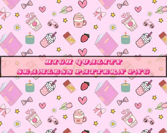 Naadloze koffiepatroon boeken, girly roze ontwerp (digitale png-download)