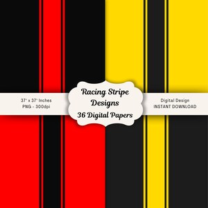 May include: Digital design featuring racing stripe patterns in red, black, and yellow. The image includes the text "Racing Stripe Designs" and "36 Digital Papers". The dimensions are 37 x 37 inches.