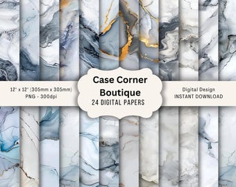 May include: A collection of 24 digital papers with marble-like designs in shades of gray, white, and blue, with gold accents. Each paper is 12 x 12 inches (305mm x 305mm). The image includes the text "Case Corner Boutique" and "Digital Design INSTANT DOWNLOAD".