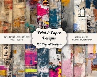 Puede incluir: Una colección de 100 diseños de papel digital, cada uno de 305 mm x 305 mm, que presenta un collage de texturas, colores y recortes de periódicos. Los diseños incluyen salpicaduras de rosa, azul, amarillo y negro, con el texto "Print & Paper Designs".