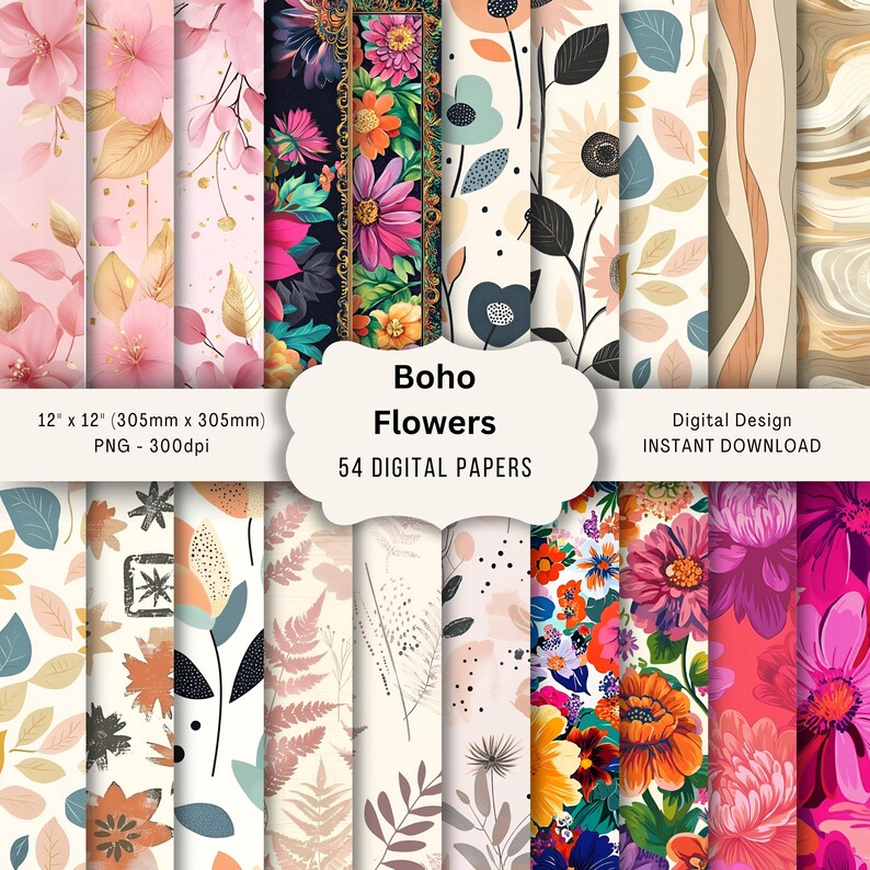 Boho Floral Digital Paper Pack – 54 PNG Designs (digital Download) - Etsy