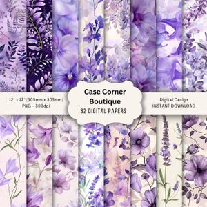 Carta digitale floreale viola, sfondi PNG con fiori viola, download digitale 12x12, carta per scrapbooking, clipart a 300 DPI, arte creativa stampabile