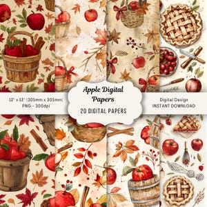 Könnte beinhalten: Eine Sammlung digitaler Papiere mit Apfel-Motiven. Die Papiere zeigen Illustrationen von roten Äpfeln, Körben, Zimtstangen und Herbstblättern. Der Text "Apple Digital Papers" und "20 DIGITAL PAPERS" ist sichtbar. Jedes Papier misst 305 mm x 305 mm.