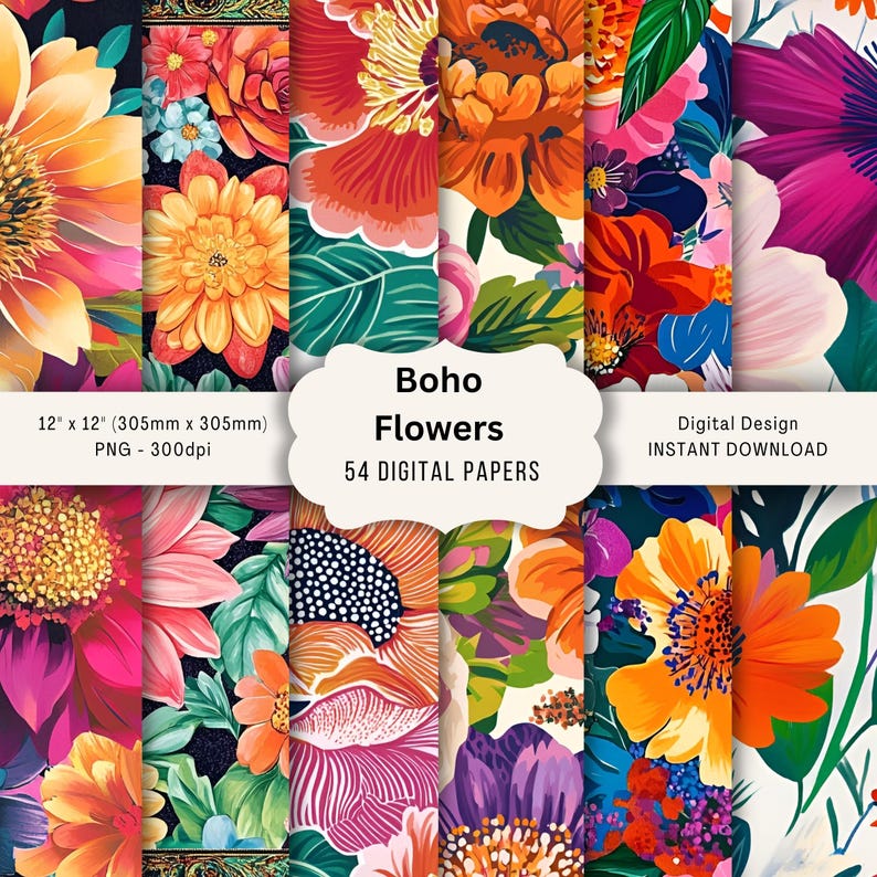 Boho Floral Digital Paper Pack – 54 PNG Designs (digital Download) - Etsy