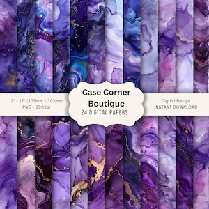 May include: A set of 24 digital papers featuring a marbled design in purple, blue, and gold tones. Each paper is 305mm x 305mm. The image includes the text "Case Corner Boutique" and "Digital Design INSTANT DOWNLOAD".