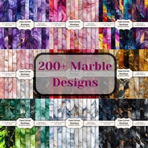 Op de afbeelding: Een verzameling digitale marmerontwerpen in verschillende kleuren, waaronder roze, paars, goud en groen. De afbeelding toont meerdere stapels papieren met patronen met de tekst "200+ Marble Designs" en labels van "Case Corner Boutique".