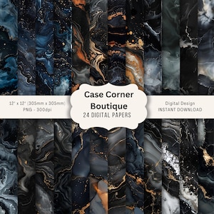 May include: A collection of 24 digital papers with marble-like designs. The papers feature swirls of black, navy, gold, and white. Each paper is 12 x 12 inches (305mm x 305mm). The image includes the text "Case Corner Boutique" and "Digital Design".