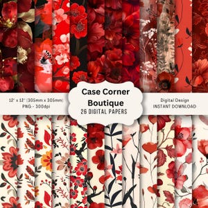 Pode incluir: Um conjunto de 26 papéis digitais com designs florais em tons de vermelho, alguns com detalhes em branco e preto. Os papéis medem 305mm x 305mm e estão disponíveis para download instantâneo.