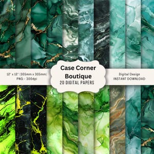 Peut inclure: Une collection de 20 papiers numériques avec des motifs abstraits dans les tons de vert, de sarcelle et d'or. Les papiers mesurent 305 mm x 305 mm et sont disponibles en téléchargement instantané. Le texte "Case Corner Boutique" est inclus.