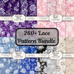 May include: A digital design bundle featuring various lace patterns in purple, pink, blue, and white. The image includes text that reads "260+ Lace Pattern Bundle" and details about the digital papers, including size and resolution.