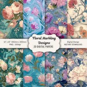 Può includere: Una collezione di carte digitali con disegni di marmorizzazione floreale. Ogni carta presenta motivi floreali unici in tonalità rosa, viola e pesca, su uno sfondo marmorizzato. Le carte misurano 305mm x 305mm e sono disponibili per il download immediato. Il testo "Floral Marbling Designs" è incluso.