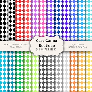 Puede incluir: Una colección de 24 papeles digitales con un patrón de rombos en varios colores, incluyendo negro, rojo, morado, azul y verde. Cada papel mide 305 mm x 305 mm. La imagen incluye el texto "Case Corner Boutique" y "Digital Design INSTANT DOWNLOAD."
