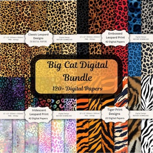 Puede incluir: Un paquete digital con varios diseños de estampados de grandes felinos. La colección incluye patrones de leopardo clásico, leopardo en relieve, leopardo iridiscente y estampado de tigre. Cada diseño mide 305 mm x 305 mm y está disponible para descarga instantánea.