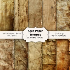 May include: A collection of digital aged paper textures in various shades of brown and tan. The image includes crumpled, torn, and weathered paper designs. The text on the image reads "Aged Paper Textures" and "12" x 12" (305mm x 305mm)".