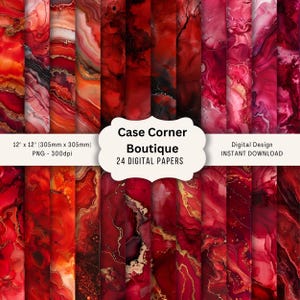 以下が含まれることがあります： 赤、バーガンディ、ゴールドの色合いの大理石模様の24枚のデジタルペーパーのセット。各ペーパーは305mm x 305mmで、300dpiのPNGファイルです。画像には「Case Corner Boutique」と「Digital Design INSTANT DOWNLOAD」の文字が含まれています。