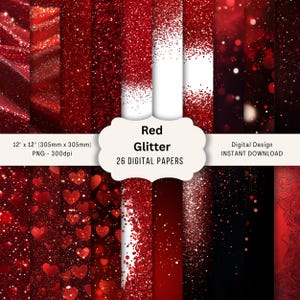 May include: A selection of 26 digital papers featuring a red glitter design. Each paper measures 305mm x 305mm (12" x 12") and is available for instant download. The image includes the text "Red Glitter" and "Digital Design".