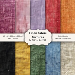 May include: A digital design featuring diverse linen fabric textures in shades like pink, purple, red, and orange. Each texture measures 305mm x 305mm. The image includes the text "Linen Fabric Textures" and "24 DIGITAL PAPERS".