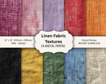 May include: A digital design showcasing a variety of linen fabric textures in various colors, including pink, purple, red, and orange. Each texture is 12 x 12 inches (305mm x 305mm). The image also includes the text "Linen Fabric Textures" and "24 DIGITAL PAPERS."