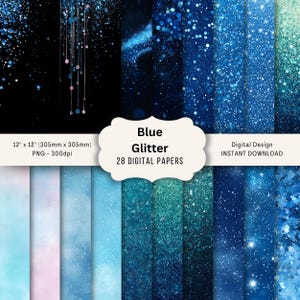 Könnte beinhalten: Eine Sammlung von 28 digitalen Papieren mit blauen Glitzerdesigns. Die Papiere sind 305mm x 305mm groß und als PNG-Datei mit 300dpi verfügbar. Sofortiger Download.