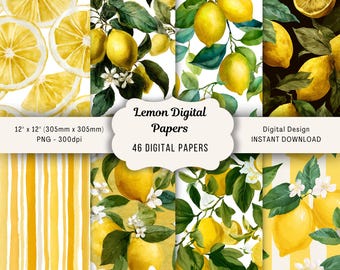 Watercolor Lemon Digital Paper Pack – Citrus Scrapbooking Prints (PNG, 300 DPI)