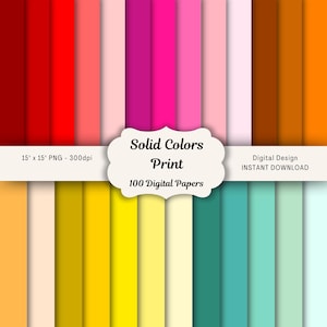 100 Solid Color Digital Paper Pack, Rainbow Colours Printable Background, Plain Scrapbook, 15x15 Papers, Seamless Solid Colorful Set Of 100