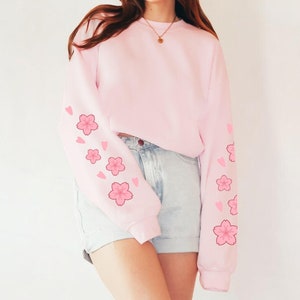 Sakura Sleeve Print Sweatshirt, Cherry Blossom Cute Sweatshirt, Pink Kawaii Sakura Cherry Blossom Sweatshirt, Kawaii Hoodie, Sakura Hoodie