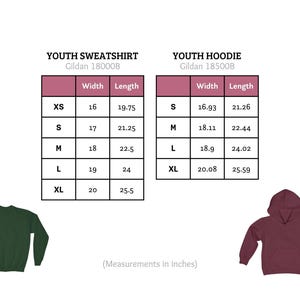 May include: Size chart for youth sweatshirts and hoodies. The chart shows the width and length in inches for sizes XS, S, M, L, and XL. The chart is labeled "Youth Sweatshirt Gildan 18000B" and "Youth Hoodie Gildan 18500B".