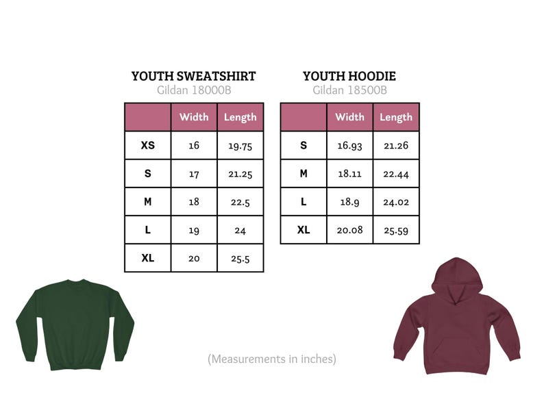 May include: Size chart for youth sweatshirts and hoodies. The chart shows the width and length in inches for sizes XS, S, M, L, and XL. The chart is labeled "Youth Sweatshirt Gildan 18000B" and "Youth Hoodie Gildan 18500B".