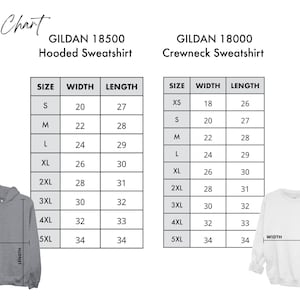 May include: Size chart for Gildan 18500 hooded sweatshirts and Gildan 18000 crewneck sweatshirts. The chart shows the width and length measurements in inches for each size, from XS to 5XL.