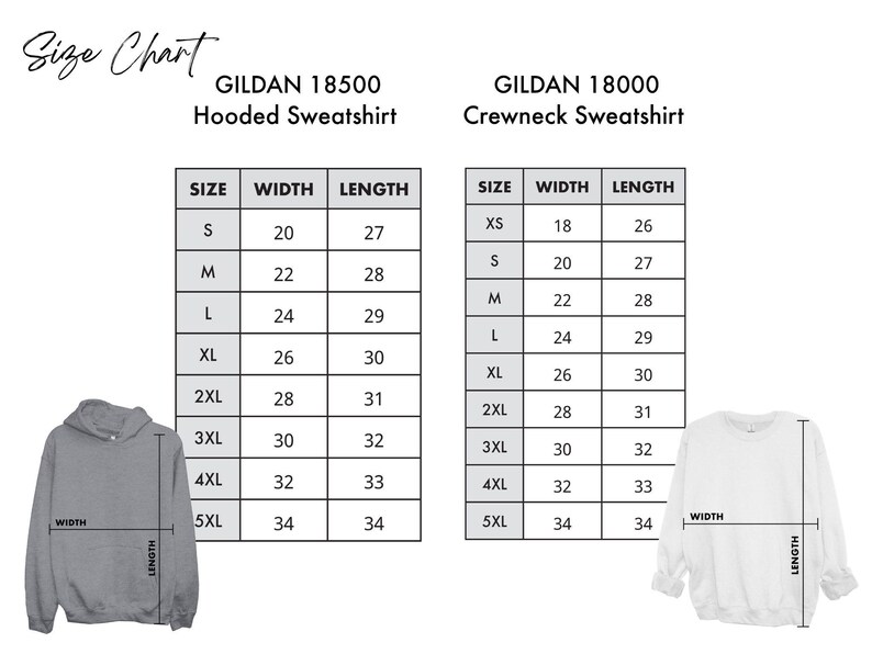 May include: Size chart for Gildan 18500 hooded sweatshirts and Gildan 18000 crewneck sweatshirts. The chart shows the width and length measurements in inches for each size, from XS to 5XL.