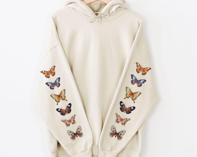 Butterfly Sleeve Print Hoodie, Sleeve Print Sweatshirt, Butterfly Hoodie, Aesthetic Retro Hoodie, Y2k Cute Sweatshirt, Cottagecore Hoodie