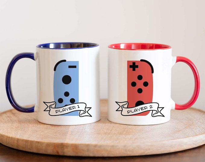 Player 1 and Player 2 Mug, Matching Couple Mug, Gamer Couple Gift, Valentines Day Matching Gift, Cute Gamer Girl Gift, Colored Handle Mug