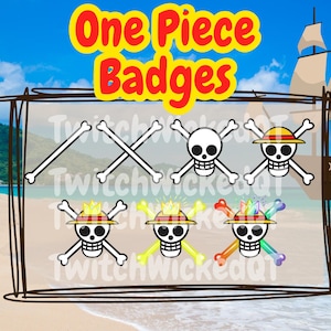 May include: A collection of One Piece Badges featuring skull and crossbones designs. Some badges have a pirate hat or crown. The text "One Piece Badges" is in yellow and red. The background shows a beach scene with a ship.