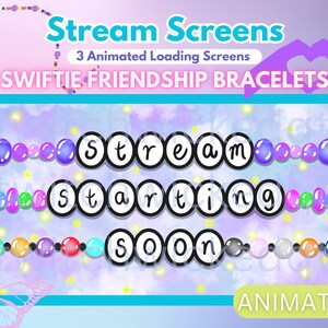 Könnte beinhalten: Drei animierte Ladebildschirme mit dem Text "Stream Starting Soon" in weißen Buchstaben auf schwarzen Kreisen. Die Kreise sind von bunten Perlenarmbändern umgeben. Der Hintergrund ist ein lila und blauer Farbverlauf mit weißen Wolken und Sternen.