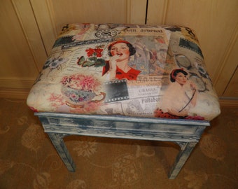 Shabby Chic Piano Stool: Upcycled Storage Bench, Wallpapered Seat