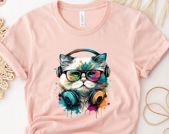 Cute Cat Shirt, Colorful Cat With Glasses Shirt, Colorful Cat Shirt, Cat Lover Gift, Cat with Sunglasses Tee, Happy Cat Shirt, Cat Lover Tee