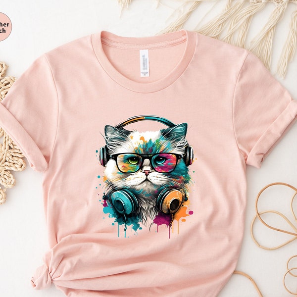 Cute Cat Shirt, Colorful Cat With Glasses Shirt, Colorful Cat Shirt, Cat Lover Gift, Cat with Sunglasses Tee, Happy Cat Shirt, Cat Lover Tee