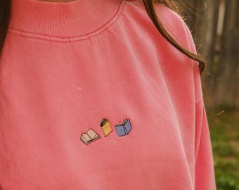 Books Embroidered Sweatshirt, Cute Simple Bookish Gift, Book Lover, Cute Reading Sweatshirt, Pink Bookish Merch, Tiny Book Embroidery