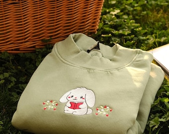 Reading Rabbit Sweatshirt, Embroidered Bookish Sweatshirt, Mock Neck Cute Sweatshirt, Kawaii Bookish Sweatshirt, Reading Bookish Gift