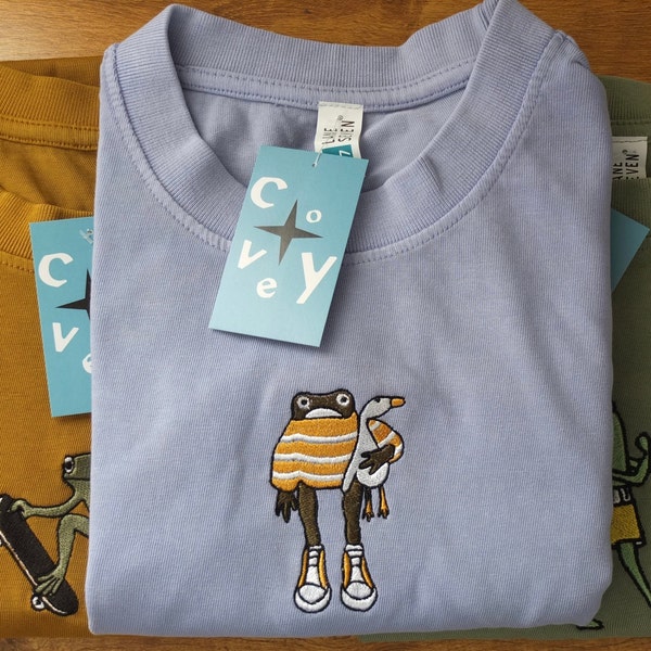 Frog holding goose shirt, frog tshirt, embroidered frog design, embroidered frog holding a goose tshirt, cottage core, funny frog shirt