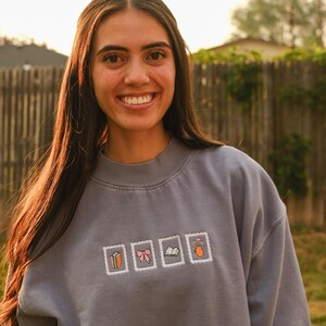 May include: A gray sweatshirt with embroidered postage stamp designs. The stamps feature a carrot, a pink bow, a book, and a peach. The sweatshirt is worn by a person with long brown hair, smiling in front of a wooden fence.