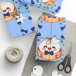 Cute Dumpling Wrapping Paper | Kawaii Food Gift Wrap | Blue Kids Birthday Wrap | Foodie Gift Paper | Squishy Dumpling Gift Wrap
