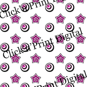 INSTANT PDF DOWNLOAD Black White Hot Pink Circles &Stars Allover seamless pattern design to print on clothing Apple Watch Faces, Lock Screen