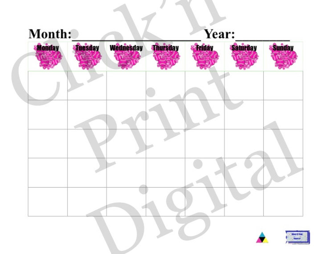 Mon sun Calendar Instant PDF DOWNLOAD Blank Calendar Months Monday