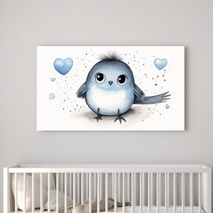 Pájaro y Corazones I, Azul, Lienzo para habitación infantil, Decoración infantil, Decoración infantil de safari, Decoración infantil, Estampados de animales, Habitación infantil, Regalo