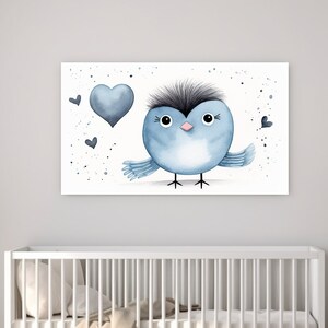 Pájaro y Corazones I, Azul, Lienzo para habitación infantil, Decoración infantil, Decoración infantil de safari, Decoración infantil, Estampados de animales, Habitación infantil, Regalo