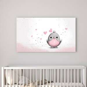 Pájaro y Corazones I, Rosa, Lienzo para Habitación Infantil, Decoración Infantil, Decoración Infantil Safari, Decoración para Niñas, Estampados de Animales, Habitación Infantil, Regalo