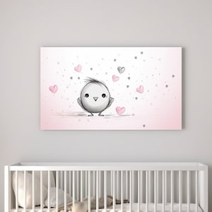 Pájaro y corazones, rosa, lienzo para habitación infantil, decoración de habitación infantil, decoración de habitación infantil de safari, decoración para niñas, estampados de animales, habitación infantil, regalo