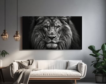 Le roi lion, impression sur toile, décoration d'intérieur, toile d'art murale, image, art mural animal, animalier, noir et blanc, cadeau, décoration de chambre