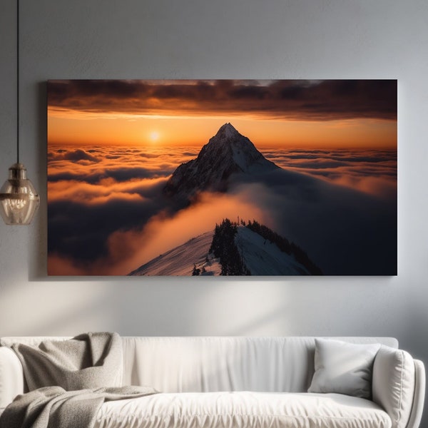 Sonnenuntergang Gipfel Leinwand Druck - Atemberaubende Bergspitze über den Wolken Wandkunst für Wohnkultur